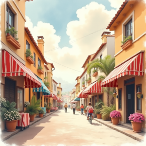 Watercolor — Charming Market Street Lined With Striped Illustration Styles #0125 (Firefly)