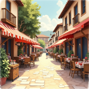 Watercolor — Charming Market Street Lined With Striped Illustration Styles #0131 (Midjourney)