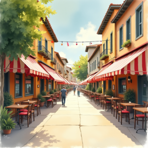 Watercolor — Charming Market Street Lined With Striped Illustration Styles #0137 (Firefly)