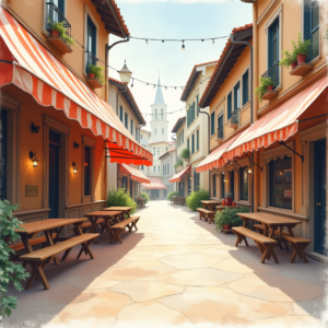 Watercolor — Charming Market Street Lined With Striped Illustration Styles #0149 (Firefly)