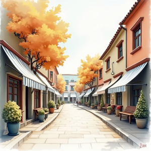 Watercolor — Charming Market Street Lined With Striped Illustration Styles #0167 (Midjourney)