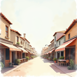 Watercolor — Charming Market Street Lined With Striped Illustration Styles #0179 (Midjourney)