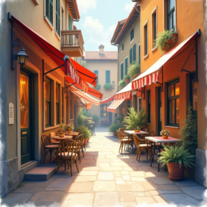 Watercolor — Charming Market Street Lined With Striped Illustration Styles #0185 (Firefly)