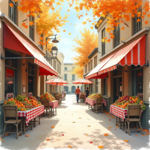 Watercolor — Charming Market Street Lined With Striped Illustration Styles #0191 (Midjourney)
