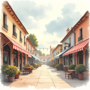Watercolor — Charming Market Street Lined With Striped Illustration Styles #0197 (Firefly)