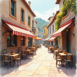 Watercolor — Charming Market Street Lined With Striped Illustration Styles #0203 (Midjourney)