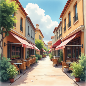 Watercolor — Charming Market Street Lined With Striped Illustration Styles #0209 (Firefly)