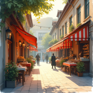 Watercolor — Charming Market Street Lined With Striped Illustration Styles #0221 (Firefly)