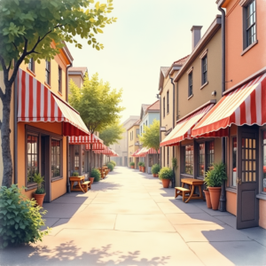 Watercolor — Charming Market Street Lined With Striped Illustration Styles #0245 (Firefly)