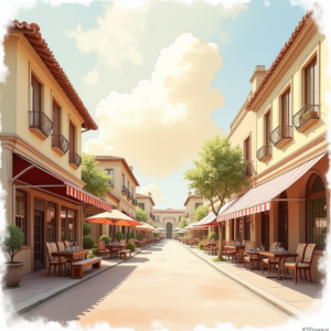 Watercolor — Charming Market Street Lined With Striped Illustration Styles #0251 (Midjourney)