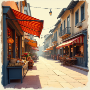 Watercolor — Charming Market Street Lined With Striped Illustration Styles #0257 (Firefly)