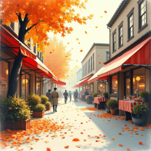 Watercolor — Charming Market Street Lined With Striped Illustration Styles #0263 (Midjourney)