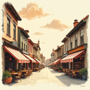 Watercolor — Charming Market Street Lined With Striped Illustration Styles #0269 (Firefly)