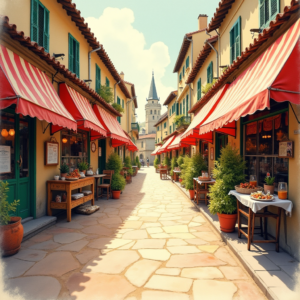 Watercolor — Charming Market Street Lined With Striped Illustration Styles #0275 (Midjourney)
