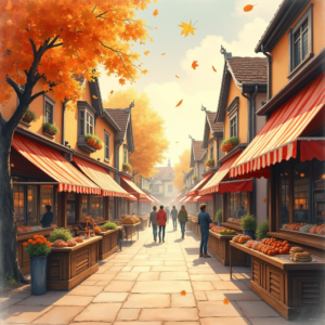 Watercolor — Charming Market Street Lined With Striped Illustration Styles #0299 (Midjourney)