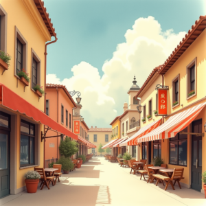 Watercolor — Charming Market Street Lined With Striped Illustration Styles #0305 (Firefly)