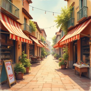 Watercolor — Charming Market Street Lined With Striped Illustration Styles #0311 (Midjourney)