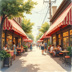 Watercolor — Charming Market Street Lined With Striped Illustration Styles #0317 (Firefly)