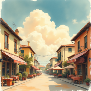 Watercolor — Charming Market Street Lined With Striped Illustration Styles #0323 (Midjourney)