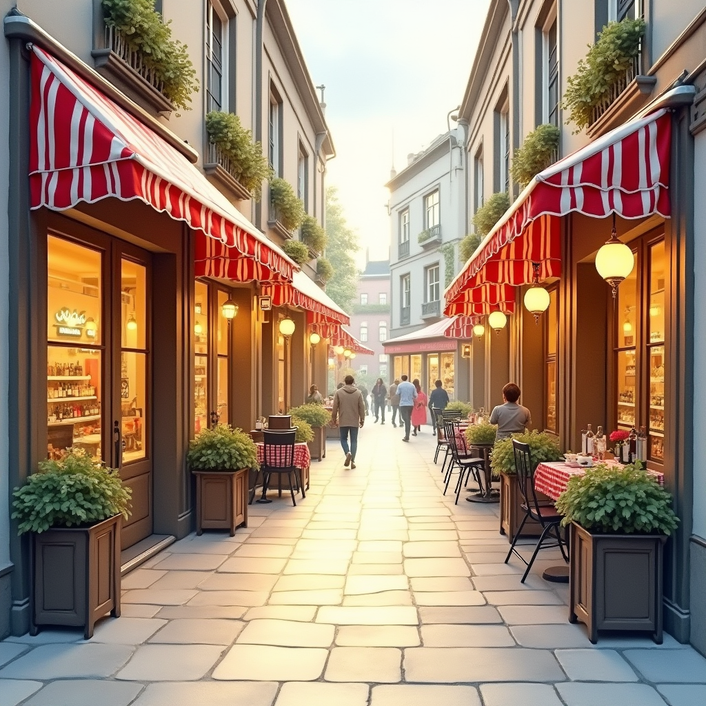 Watercolor — Charming Market Street Lined With Striped Illustration Styles #0329 (Firefly)
