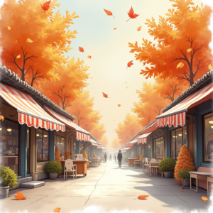Watercolor — Charming Market Street Lined With Striped Illustration Styles #0335 (Midjourney)