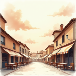 Watercolor — Charming Market Street Lined With Striped Illustration Styles #0341 (Firefly)