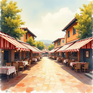 Watercolor — Charming Market Street Lined With Striped Illustration Styles #0347 (Midjourney)