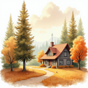 Watercolor — Cozy Countryside Cottage Nestled Among Tall Illustration Styles #0193 (FLUX)