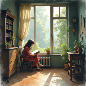 Watercolor — Nostalgic Figure Reading By A Rain-streaked Illustration Styles #0020 (Leonardo)