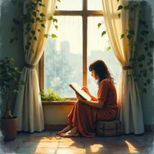 Watercolor — Nostalgic Figure Reading By A Rain-streaked Illustration Styles #0026 (Krea)