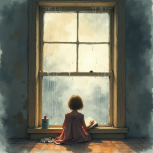 Watercolor — Nostalgic Figure Reading By A Rain-streaked Illustration Styles #0032 (Leonardo)