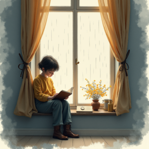 Watercolor — Nostalgic Figure Reading By A Rain-streaked Illustration Styles #0050 (Krea)