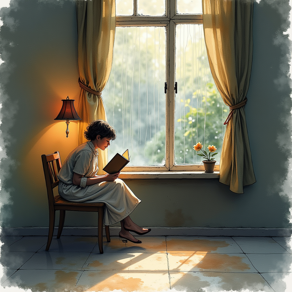 Watercolor — Nostalgic Figure Reading By A Rain-streaked Illustration Styles #0056 (Leonardo)