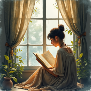 Watercolor — Nostalgic Figure Reading By A Rain-streaked Illustration Styles #0062 (Krea)