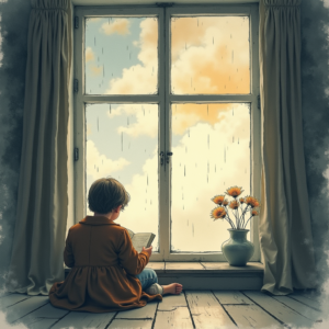 Watercolor — Nostalgic Figure Reading By A Rain-streaked Illustration Styles #0068 (Leonardo)