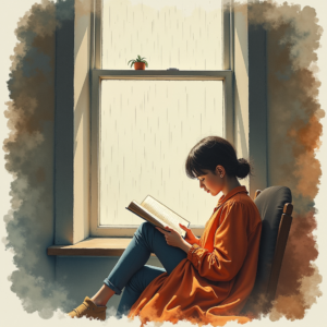 Watercolor — Nostalgic Figure Reading By A Rain-streaked Illustration Styles #0086 (Krea)