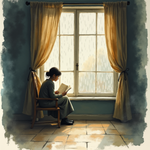 Watercolor — Nostalgic Figure Reading By A Rain-streaked Illustration Styles #0092 (Leonardo)