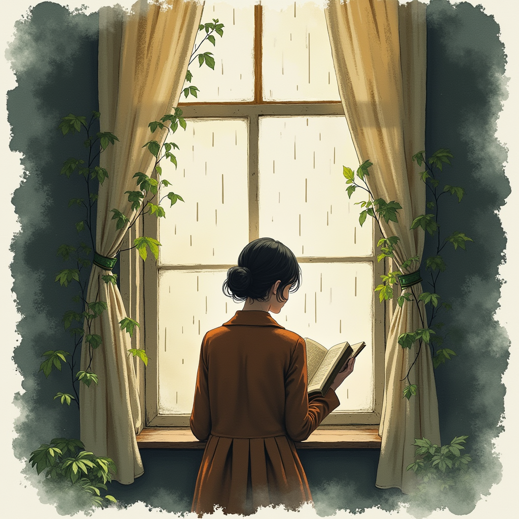 Watercolor — Nostalgic Figure Reading By A Rain-streaked Illustration Styles #0098 (Krea)