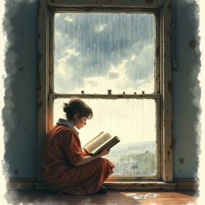 Watercolor — Nostalgic Figure Reading By A Rain-streaked Illustration Styles #0104 (Leonardo)