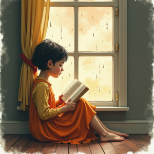 Watercolor — Nostalgic Figure Reading By A Rain-streaked Illustration Styles #0122 (Krea)