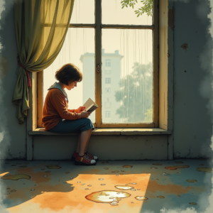 Watercolor — Nostalgic Figure Reading By A Rain-streaked Illustration Styles #0128 (Leonardo)