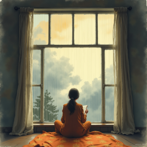 Watercolor — Nostalgic Figure Reading By A Rain-streaked Illustration Styles #0140 (Leonardo)