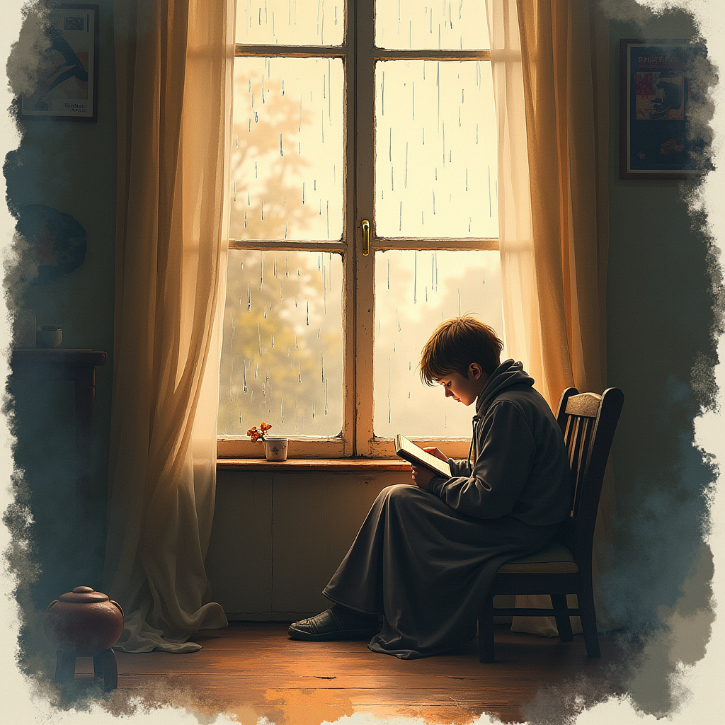 Watercolor — Nostalgic Figure Reading By A Rain-streaked Illustration Styles #0146 (Krea)