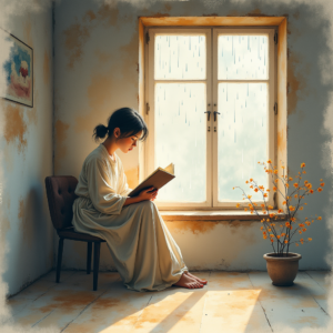 Watercolor — Nostalgic Figure Reading By A Rain-streaked Illustration Styles #0164 (Leonardo)