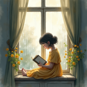 Watercolor — Nostalgic Figure Reading By A Rain-streaked Illustration Styles #0170 (Krea)