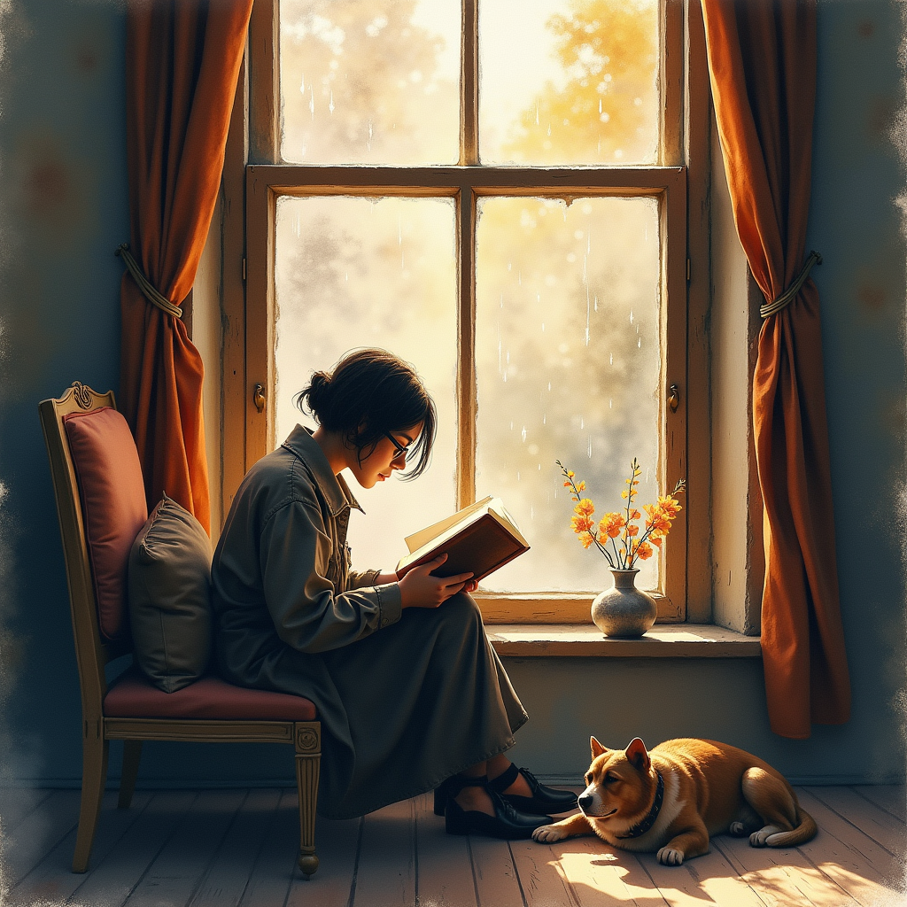 Watercolor — Nostalgic Figure Reading By A Rain-streaked Illustration Styles #0182 (Krea)