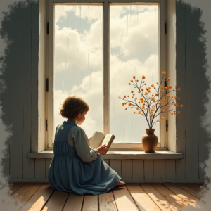 Watercolor — Nostalgic Figure Reading By A Rain-streaked Illustration Styles #0194 (Krea)