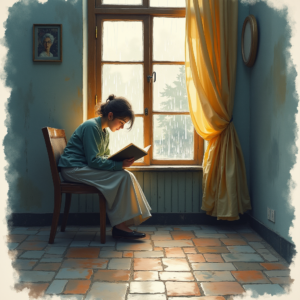 Watercolor — Nostalgic Figure Reading By A Rain-streaked Illustration Styles #0200 (Leonardo)