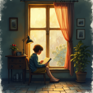 Watercolor — Nostalgic Figure Reading By A Rain-streaked Illustration Styles #0218 (Krea)