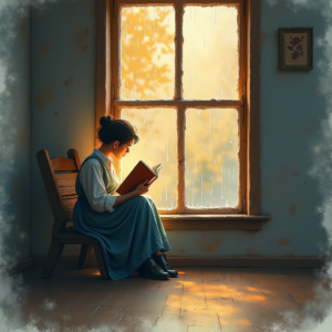 Watercolor — Nostalgic Figure Reading By A Rain-streaked Illustration Styles #0236 (Leonardo)